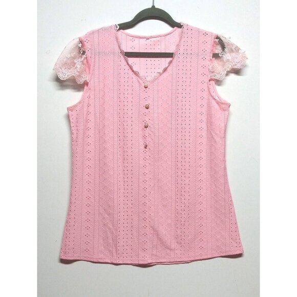 Womens top blouse 1X/2X/3X Pink EYELET KNIT romantic STRETCH lace CAP sleeve - Picture 1 of 12